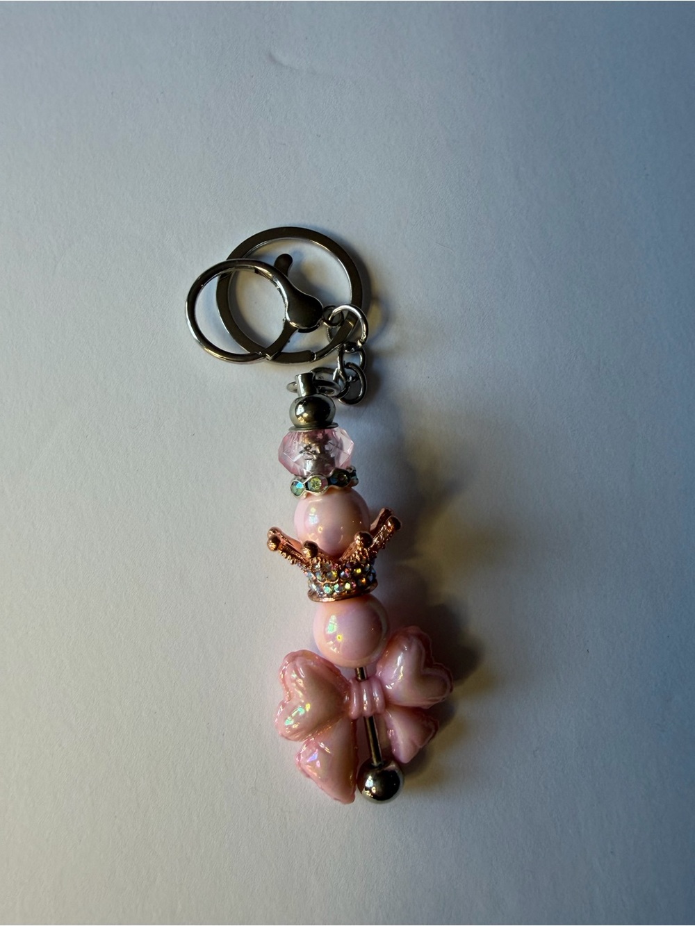 Pink Beaded Crown & Bow Keychain Charm